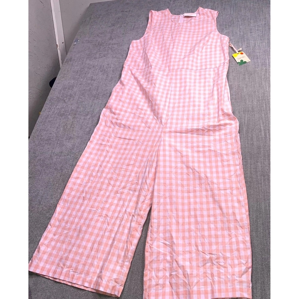 Bando Easy Jumpsuit Womens XL Pink Plaid Cotton Wide Leg Sleeveless NWT